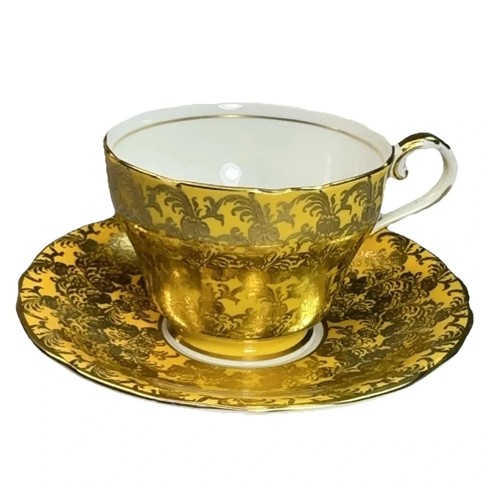 Rare Aynsley Teacup Saucer Mustard Yellow‎ Heavy Gold Scroll England Vtg C869